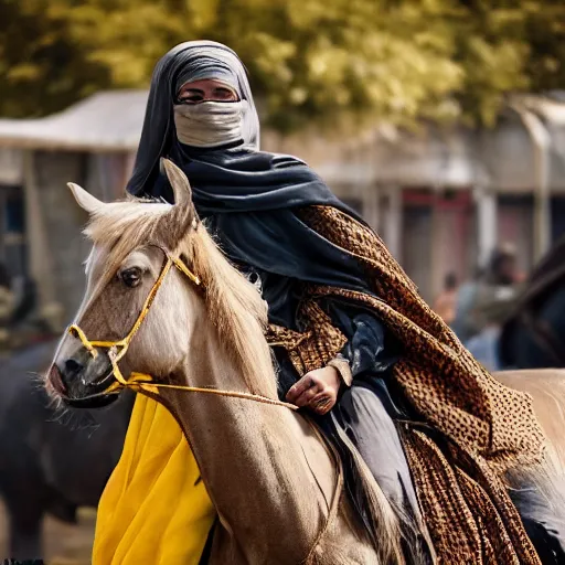 Prompt: ultra - photorealistic, burqa woman driving horse and handling weapon, dust, yellow cinematic, 4 k, 8 0 0 mm, uhd, vogue, winning photo of the year, sharp focus, intricate, hyperdetailed