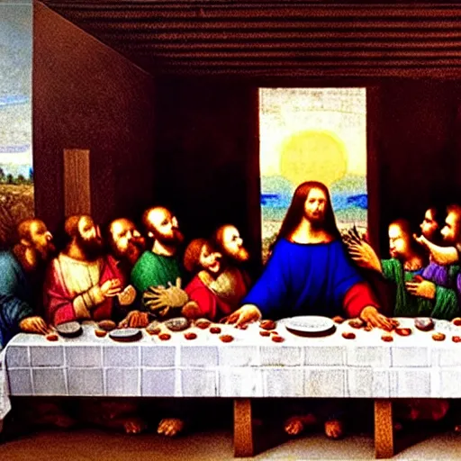 Prompt: the last supper by da Vinci with teddy bears instead of apostles, eating sashimi