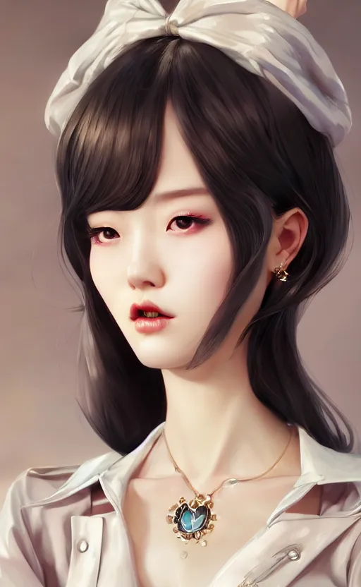 Image similar to a pin up and beautiful fashion charming dreamlke korea girl with lv jewelry, character art, art by artgerm lau and kyoung hwan kim and and ilya kuvshinov and john singer sargent, hyperdetailed, 8 k realistic, symmetrical, frostbite 3 engine, cryengine, dof, trending on artstation, digital art