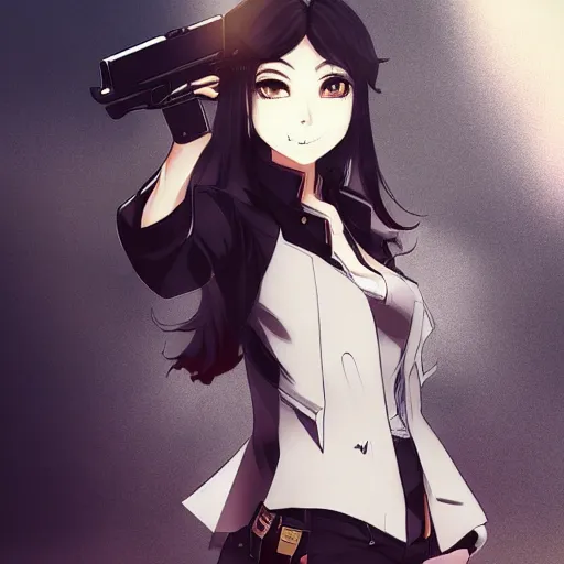 Prompt: a woman with a gun in her hand, a character portrait by shitao, trending on pixiv, sots art, official art, pixiv, anime