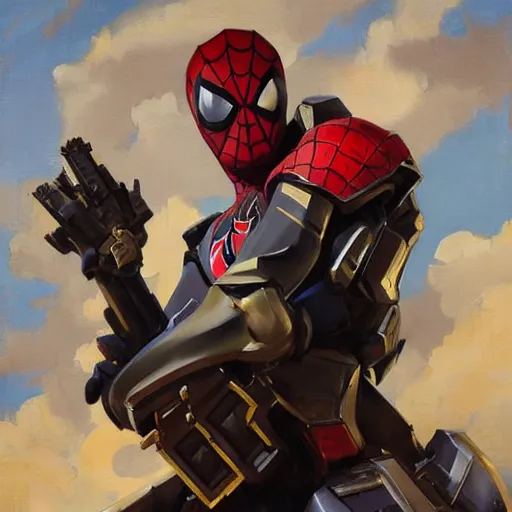 Image similar to greg manchess portrait painting of armored shonen spiderman as overwatch character, medium shot, asymmetrical, profile picture, organic painting, sunny day, matte painting, bold shapes, hard edges, street art, trending on artstation, by huang guangjian, gil elvgren, ruan jia, randy vargas, greg rutkowski