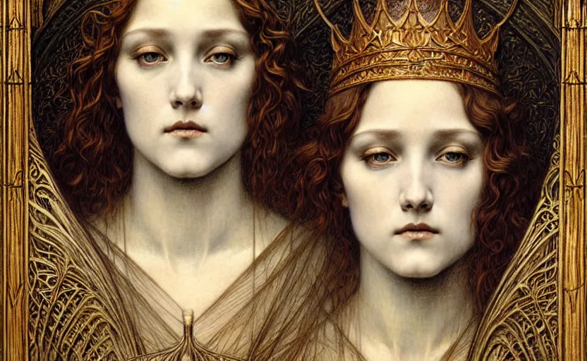 Image similar to detailed realistic beautiful young medieval queen face portrait by jean delville, gustave dore and marco mazzoni, art nouveau, symbolist, visionary, gothic, pre - raphaelite. horizontal symmetry