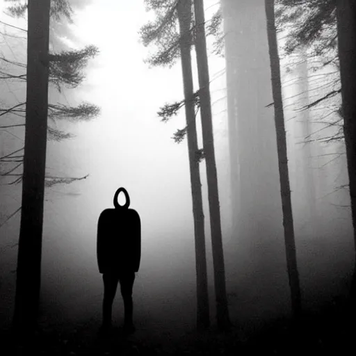 Image similar to shadow people in forest, staring at camera glowing white eyes, black and white, foggy, grainy, very old, creepy, eerie, unsettling