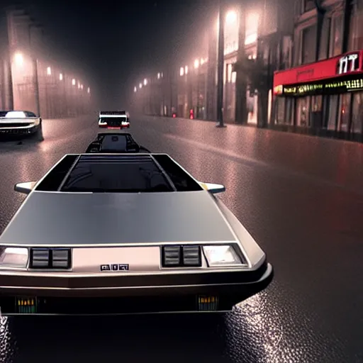 Image similar to hyperdetailed, photorealistic photograph of a dmc 1 2 delorean driving in the streets, rain, night, dense fog, hd, unreal engine 5