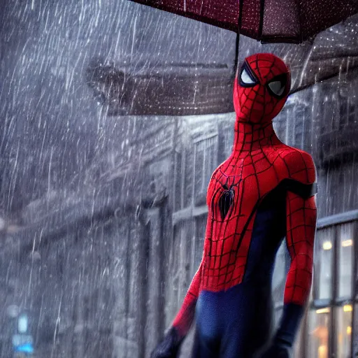 Prompt: photograph of andrew garfield spider - man, cinematic, photorealistic, city, night, rain