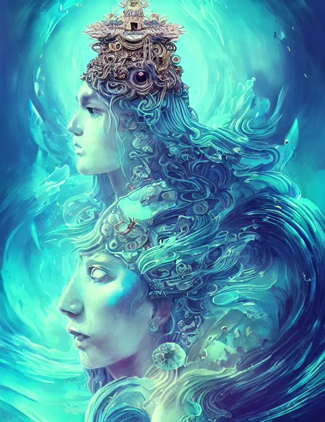 Image similar to goddess macro shouler portrait from bottom to top in crown made of ram skull. betta fish, jellyfish phoenix, bioluminiscent, plasma, ice, water, wind, creature, super intricate ornaments artwork by tooth wu and wlop and alena aenami and greg rutkowski