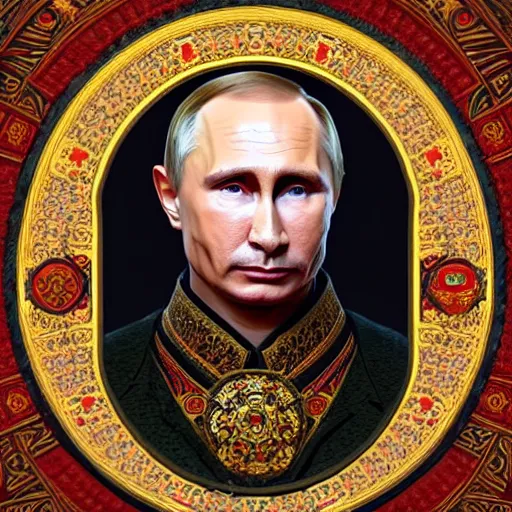 Prompt: a portrait of ( male ) putin, upper half portrait, decorated with russian motifs, traditional russia, intricate, rugged, highly detailed, symmetry, headpiece, digital painting, artstation concept art smooth sharp focus, illustration, art by artgerm and greg rutkowski alphonse mucha 8 k