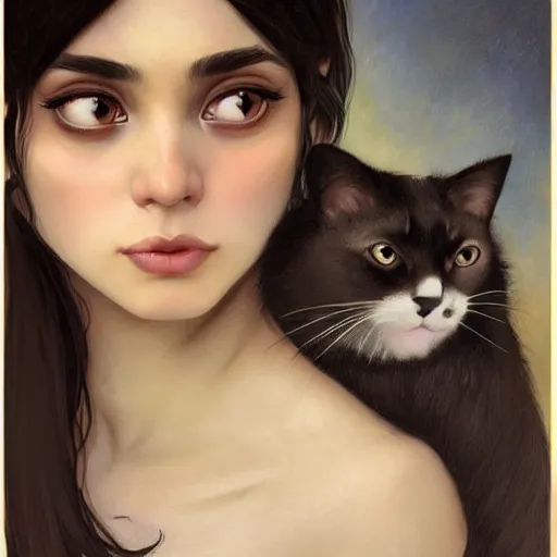 Image similar to emo mexican girl and her cat, with long dark hair, thick eyebrows!!! deep dark big shiny eyes and dark circles!, wide nose!!!, oval face shape, big cheeks! by juan villafuerte, greg rutkowski and alphonse mucha, pexels contest winner, high quality photo, rtx, hd