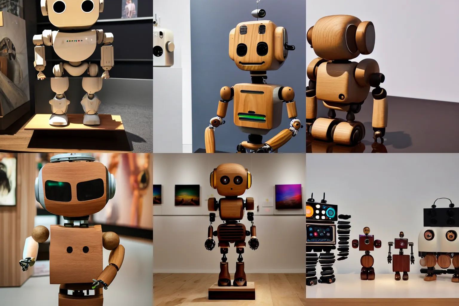 Prompt: ultra realistic 8k octan photo, wooden art toys on stand, very cute robot zen, in a contemporary art gallery