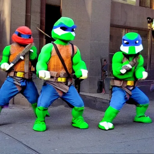 Prompt: teenage mutant ninja turtles as minecraft characters fighting shredder in the streets of new york