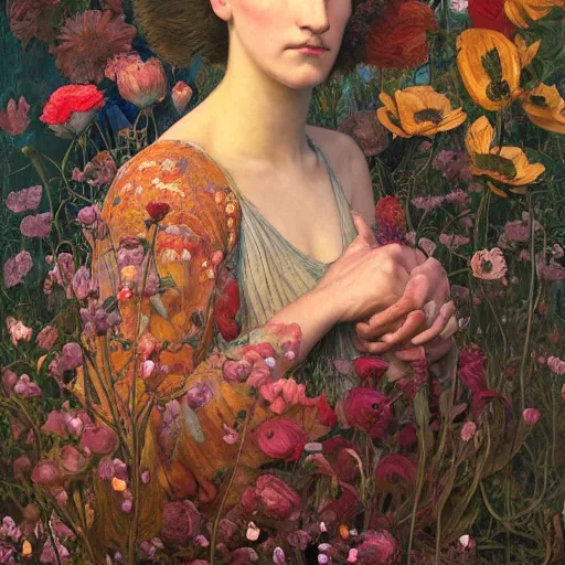 Image similar to queen of flowers, by annie swynnerton and charlie bowater and tino rodriguez and nicholas roerich and jean delville and evelyn de morgan and lucien freud, dramatic lighting, floral tattoos, rich colors, smooth sharp focus, extremely detailed, donato giancola, adolf wolfli