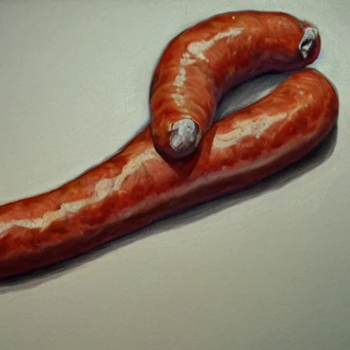 Image similar to old child draws a sausage, anatomically correct, oil painting, hyper realistic, 8 k highly detailed