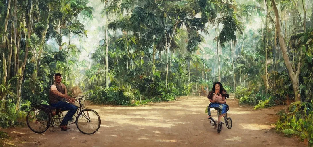 Image similar to kayne sitting on cyclo, inside a tropical forest, daylight happy mood, aged oil painting by le pho