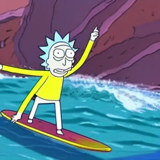 Image similar to an episode from rick and morty where rick surf on skate in the shape of morty