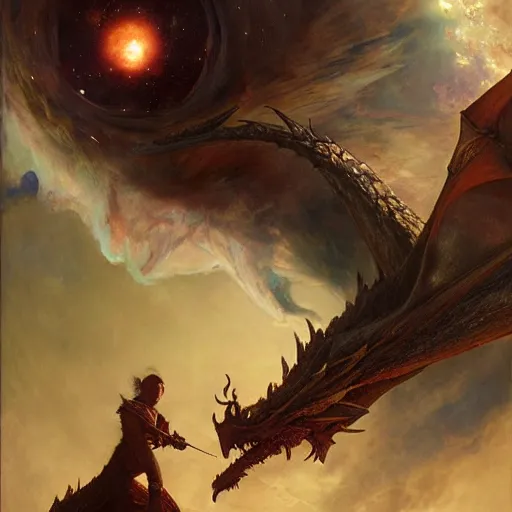 Prompt: Dragon devouring an earth like planet in space, sun system, nebula in the background, oil painting, by Fernanda Suarez and Edgar Maxence and Greg Rutkowski