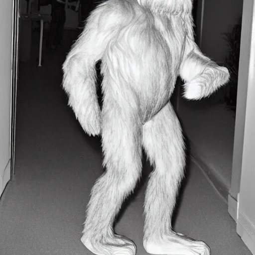 Prompt: Bigfoot taking off his costume after a long day at work, blurry, black and white