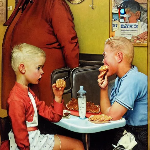 Image similar to painting of a boy with blonde hair watching an obese woman pray before she eats her hamburger, set in a diner, 1950’s, highly detailed, by Norman Rockwell,