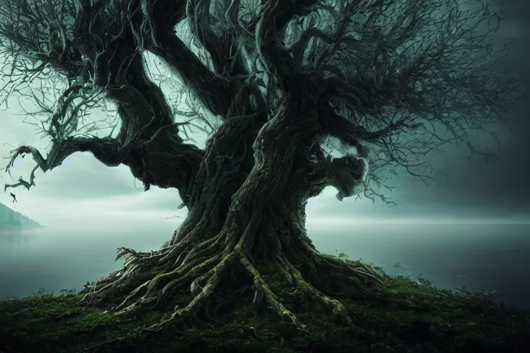 Image similar to an ultra realistic, cinematic headshot portrait, of an evil tree wizard, background of a vast serene landscape, with trees and rivers, detailed, deep focus, movie still, dramatic lighting, ray tracing, by michal karcz and yoshitaka amano