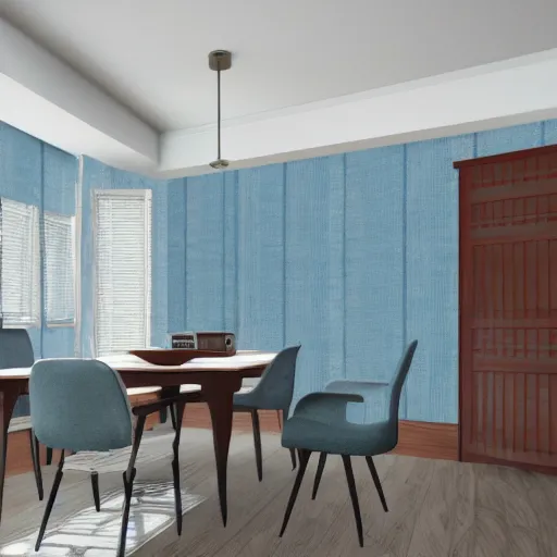 Prompt: in the style of Vincent Di Fate and Chris Moore, a family of six in a mid century modern home, blue limewash walls ,very highly detailed, 8k, wallpaper