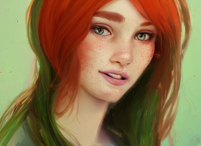 Image similar to portrait of a beautiful smiling girl with orange hair and freckles, green eyes, highly detailed, digital painting, concept art, smooth, sharp, focus, background is purple, artstation, style by Janice Sung