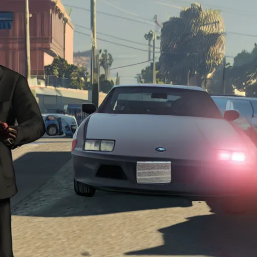 Image similar to Keanu Reeves driving ford mustand in gta5