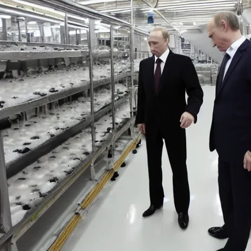 Image similar to vladimir putin inspecting the quality of soap in a soap factory