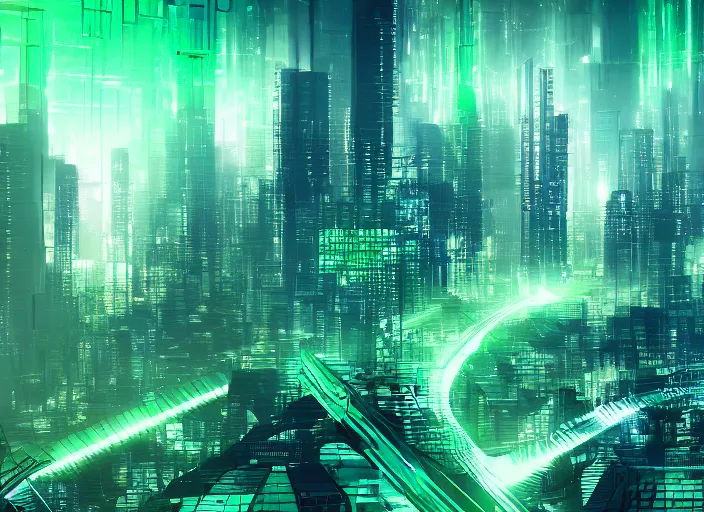 Prompt: ethereal emerald cyber city landscape, artstation, wallpapermaiden, wallpaper, unsplash, colorful