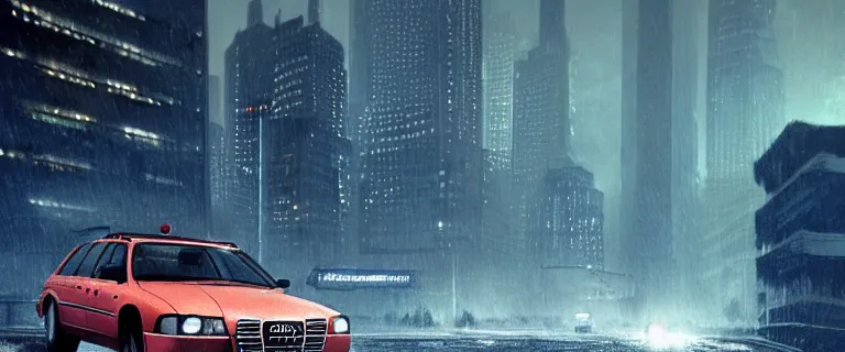 Image similar to Audi A4 B6 Avant (2002), a gritty neo-noir, dramatic lighting, cinematic, establishing shot, extremely high detail, photorealistic, cinematic lighting, artstation, by simon stalenhag, Max Payne (PC) (2001) winter new york, eldritch horror