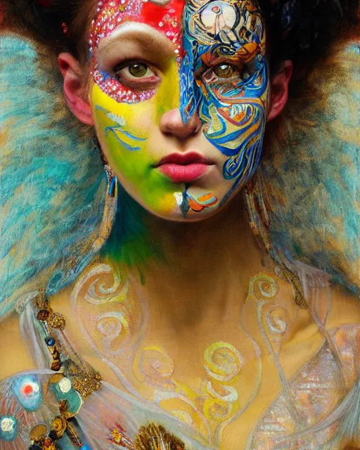 Prompt: a beautiful girl at carnival wearing colourful face paint surrounded by colourful intricate patterns, by edgar maxence and caravaggio and michael whelan, intricate painting, hyper realistic, extremely detailed and beautiful aesthetic face, 8 k resolution