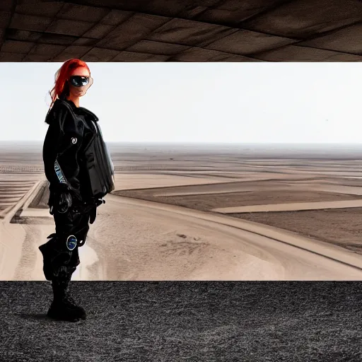 Prompt: photographic portrait of a techwear woman, closeup, on a desert road with a futuristic city in the horizon, sigma 85mm f/1.4, 4k, depth of field, high resolution, 4k, 8k, hd, full color