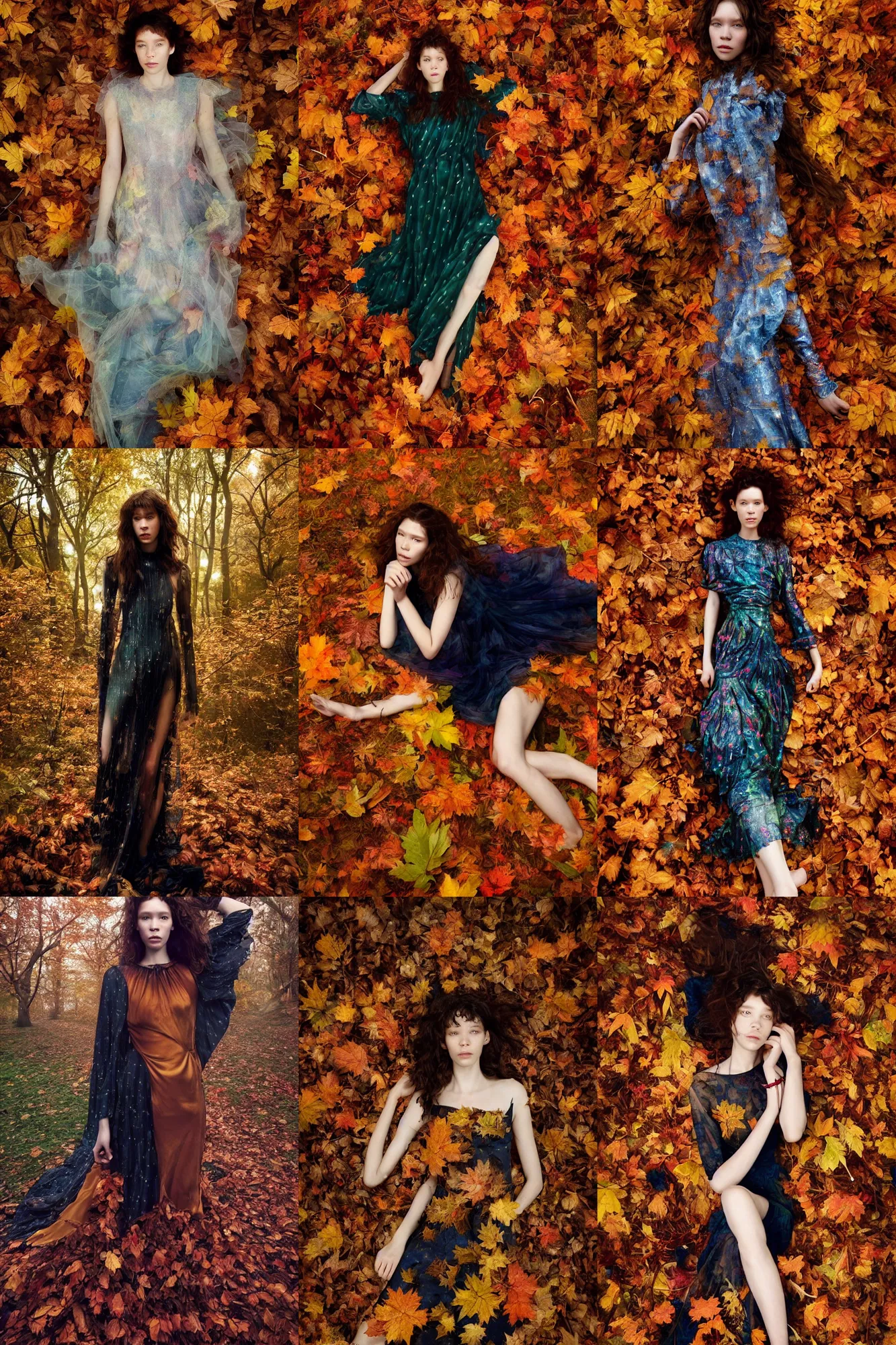 Prompt: masterwork full body photography of astrid berges frisbey. digital photography. wearing a dress made out of space. resting on a background of autumn leaves. fluid, dreamy, ethereal, vivid colours. sharp focus. highly detailed face. wow! cinematic lighting.
