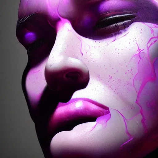 Image similar to face with lines of purple goo hyperrealistic portrait, photo realistic, poster, artstation, volumetric lighting, digital art, very detailed face by magali villeneuve