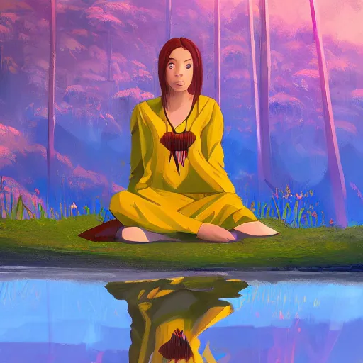 Image similar to young woman, wearing Inka clothes, sad expression, sitting at a pond, mountainous area, trees in the background, trending on artstation