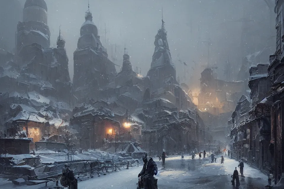 Image similar to highly detailed painting of dieselpunk stockholm, winter, snow, dystopia, by greg rutkowski, 4 k resolution, trending on artstation