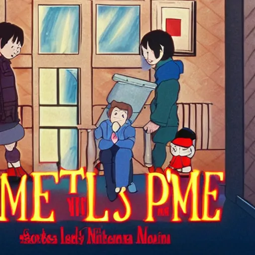 Image similar to still from home alone (1990) in studio ghibli style