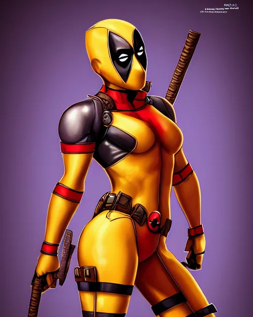 Image similar to beautiful deadpool as honey, made of honey, wearing honey - themed miniskirt, award winning creature portrait photography, extremely detailed, artstation, 8 k, sensual lighting, incredible art, wlop, artgerm, backlit, rim lighting, hi - fructose