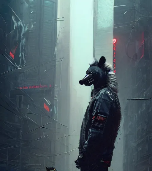 Image similar to new york city portrait of furry anthro anthropomorphic spotted hyena head animal person fursona wearing clothes strange cybernetic muzzle gloomy rainy screenshot from the video game cyberpunk 2077 digital art by Greg Rutkowski, Simon Stalenhag, christopher nolan trending on Artstation, CGSociety