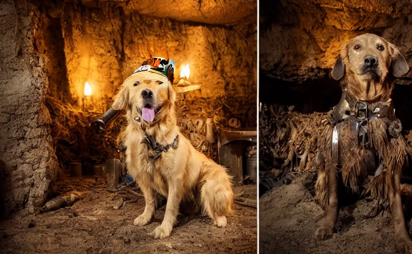 Image similar to a dirty golden retriever in a dark mine with large piles of gold nuggets and wearing a wild west hat and jacket, dim moody lighting, wooden supports, wall torches, cinematic style photograph