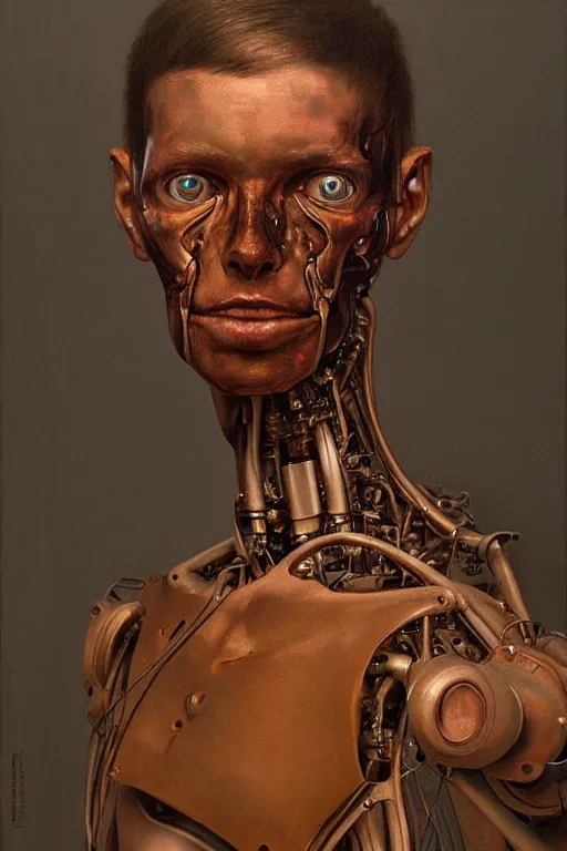 Prompt: beautiful clean oil painting biomechanical portrait of young man face with one robotic eye by borremans, wayne barlowe, rembrandt, complex, stunning, realistic, skin color