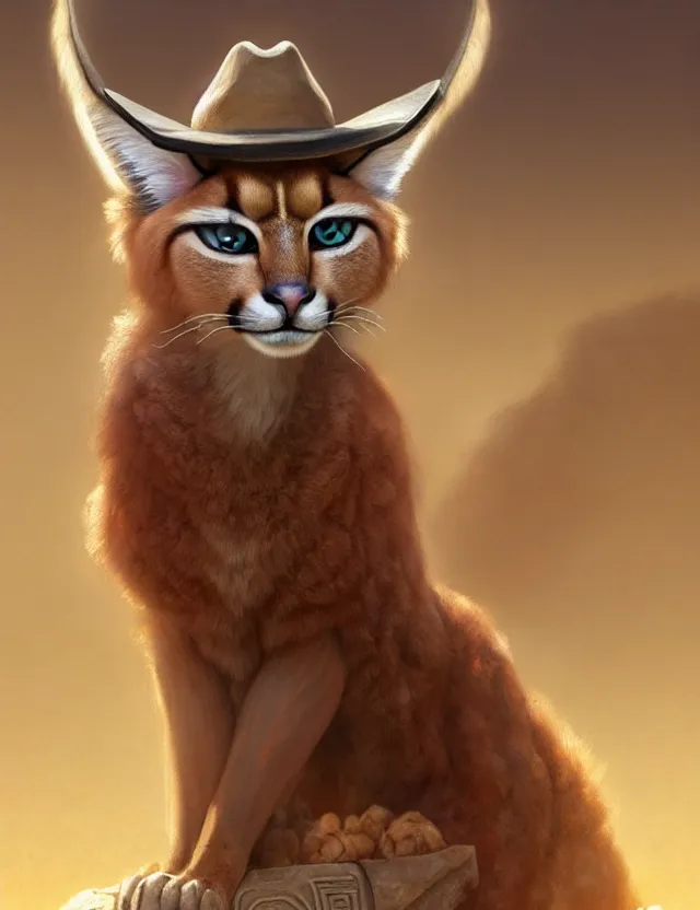 Prompt: cute fluffy caracal in a ancient greek city, wearing cowboy hat on head | | cute, key visual, realistic shaded perfect face, fine details by stanley artgerm lau, wlop, rossdraws, james jean, andrei riabovitchev, marc simonetti, and sakimichan, trending on artstation