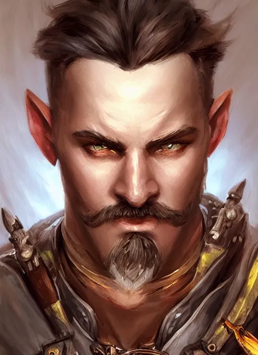 Image similar to young man with short white hair and moustache, dndbeyond, bright, colourful, realistic, dnd character portrait, full body, pathfinder, pinterest, art by ralph horsley, dnd, rpg, lotr game design fanart by concept art, behance hd, artstation, deviantart, hdr render in unreal engine 5