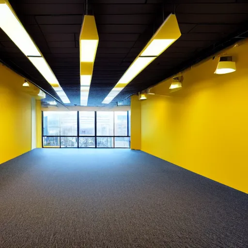 Image similar to office building interior, musty yellow carpet, yellow wallpaper, buzzing lights