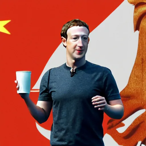 Image similar to mark zuckerberg drinking chinese tea with a banner in the background privacy please