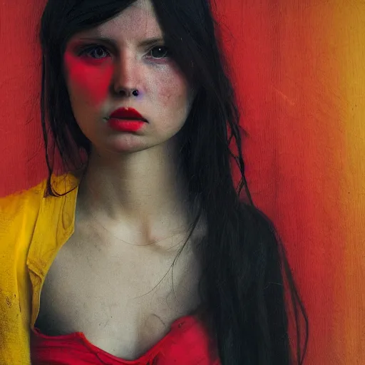 Prompt: a photo of a young woman. moody and melanchonic. with a little bit of red and yellow