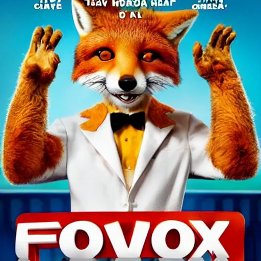 Image similar to comedy movie poster featuring an anthropomorphic fox wearing a white suit, fried chicken in the background, promotional media