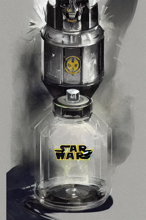 Image similar to concept art of a rolex - star wars white iridescent liquid dietary supplement in a transparent bottle with big black sticker on it by aenaluck, artgerm and roberto ferri and greg rutkowski, blue and white tones, digital painting, artstation, concept art, smooth, sharp foccus ilustration hq