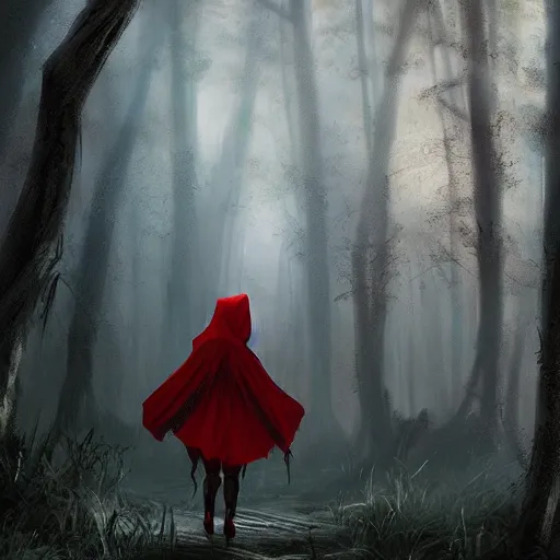 Image similar to little red riding hood on dark moonlight forest path, darkwave, darksynth, concept art, sharp, digital matte painting, art by, greg rutkowski, wlop, dramatic lighting, trending on artstation