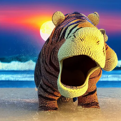 Image similar to a closeup photorealistic photograph of a cute smiling knitted tiger hippopotamus chasing a beachball during sunset. teeth exposed, surf in the background. professional capture. this 4 k hd image is trending on artstation, featured on behance, well - rendered, extra crisp, features intricate detail, epic composition and the style of unreal engine.