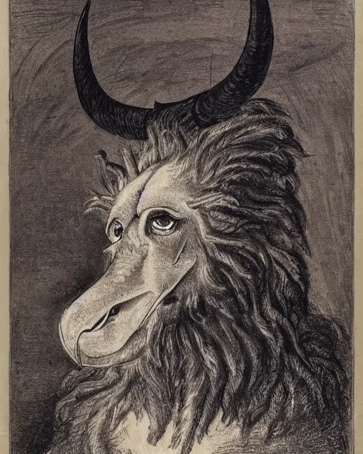 Image similar to a creature with the body and eyes of a man, with the beak of an eagle, the mane of a lion, and the horns of an ox. drawn by francis bacon