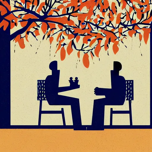 Prompt: illustration of two men sit outside a café in the dark, the last of the autumn leaves swirling around them, men playing chess, one man resting his head in his palm, the other man reaching for a chess piece, by Luci Power - n9